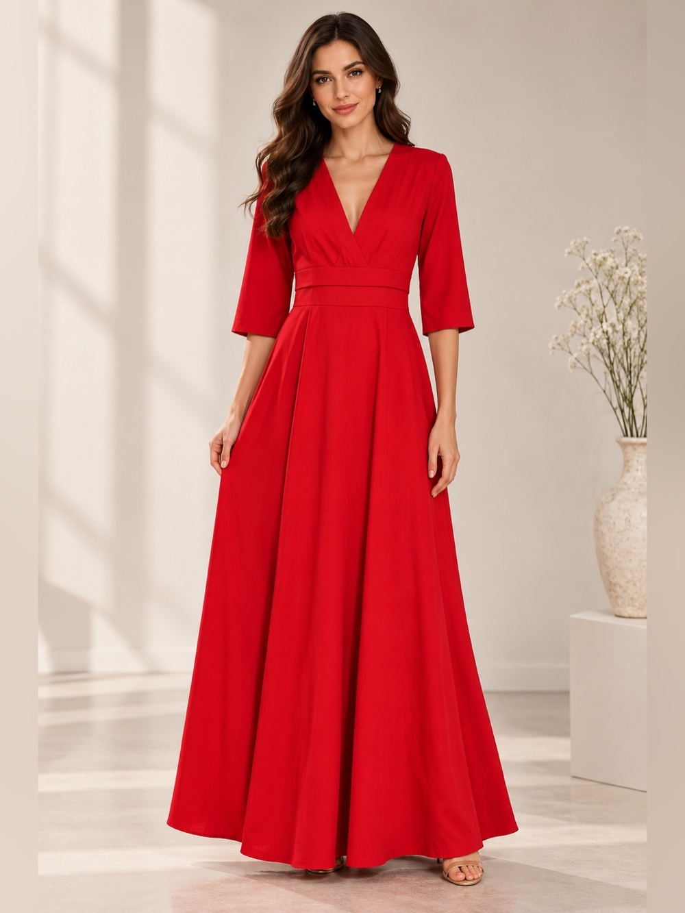 FashionMia Red V-Neck Maxi Dress Size Large